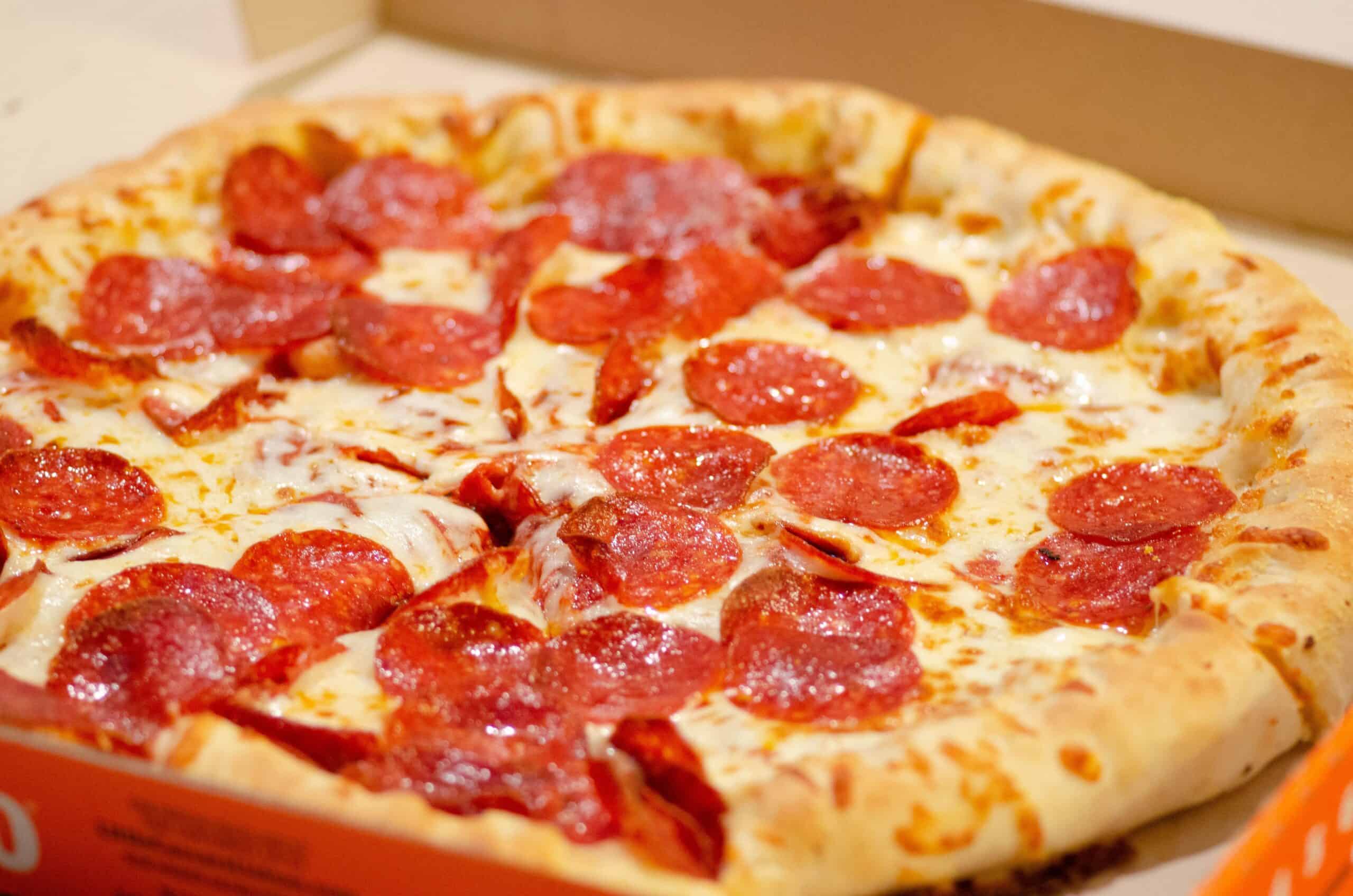 Pepperoni pizza in a pizza box