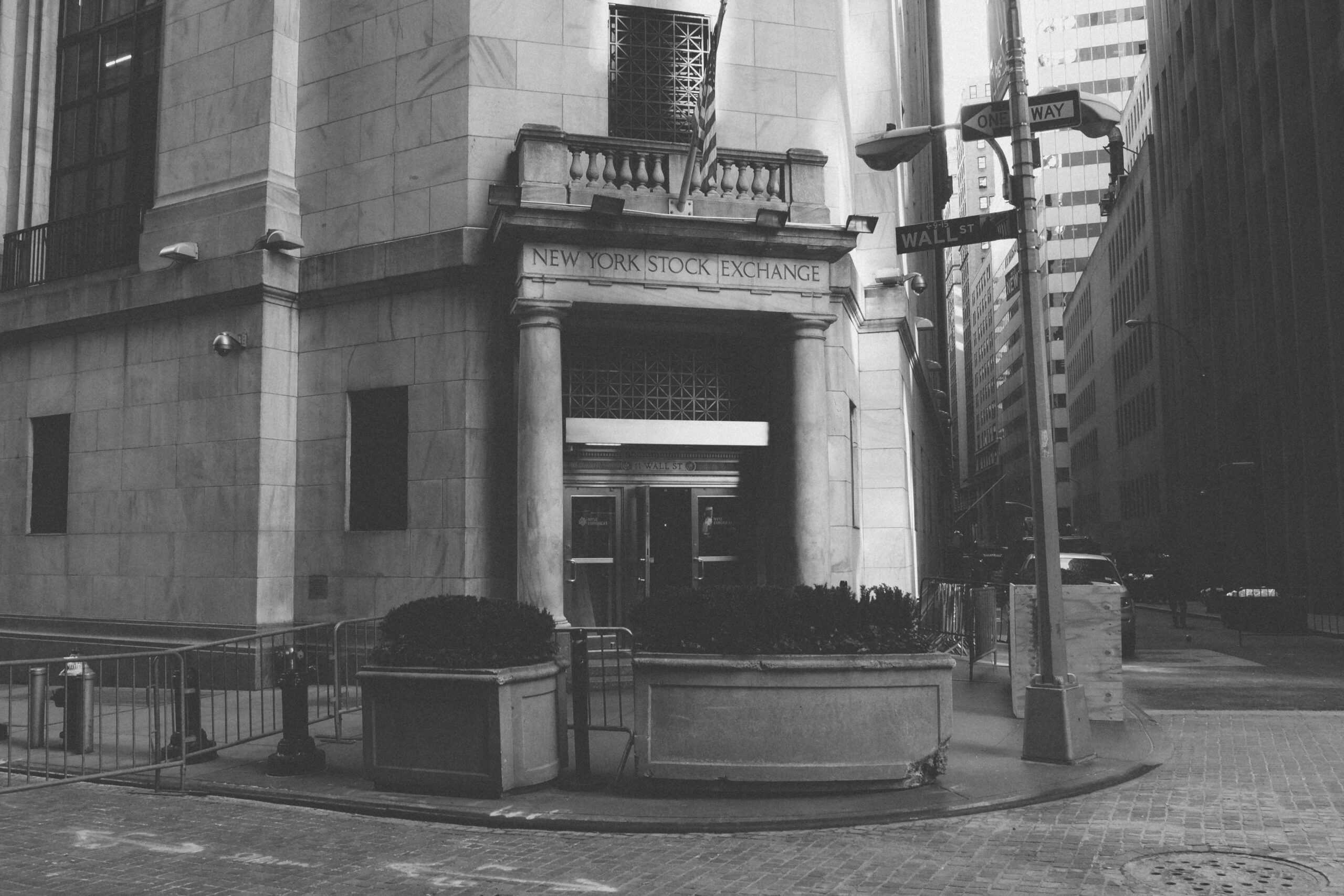 New York Stock Exchange building entrance in black and white