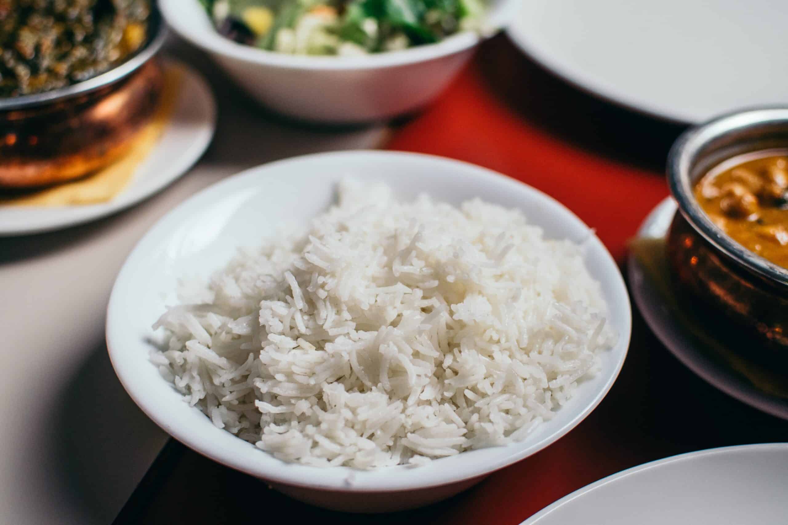 White rice in a bowl on a table
