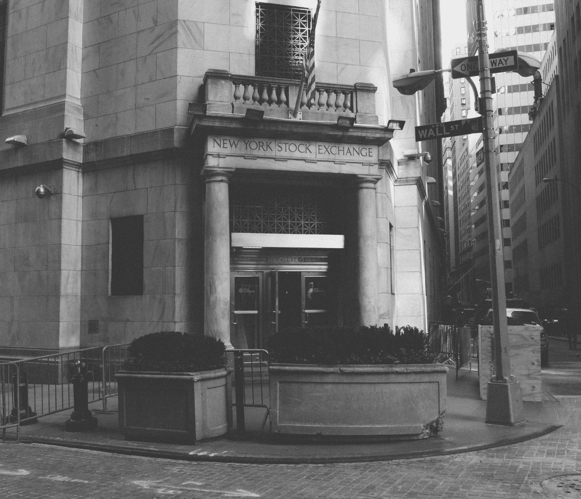 Black and white image of new york stock exchange entrance