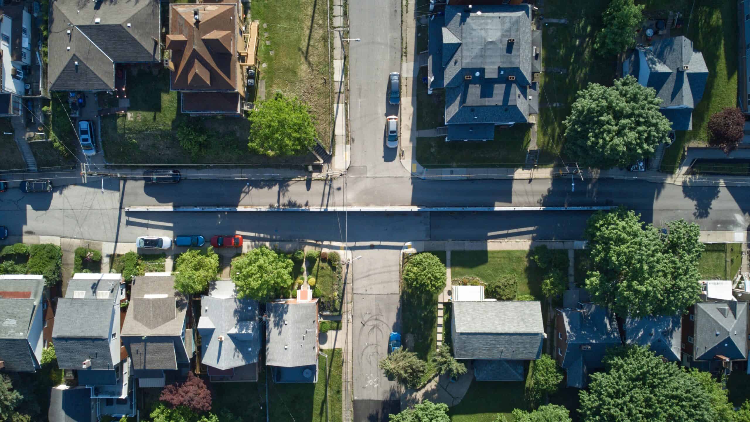 Overhead image of houses in a neighborhood