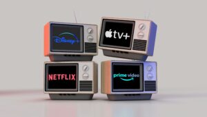 Small TVs with streaming service logos on it