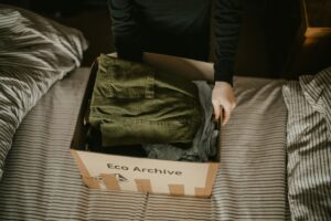 Clothes in a box on a bed